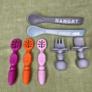 Baby Feeding Utensils Lot Bella Tunno Hungry Hangry Bumkins Silicone Spoon Fork
